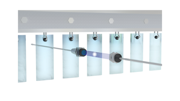 Thru-beam sensor configuration on glass plates passing between sensors